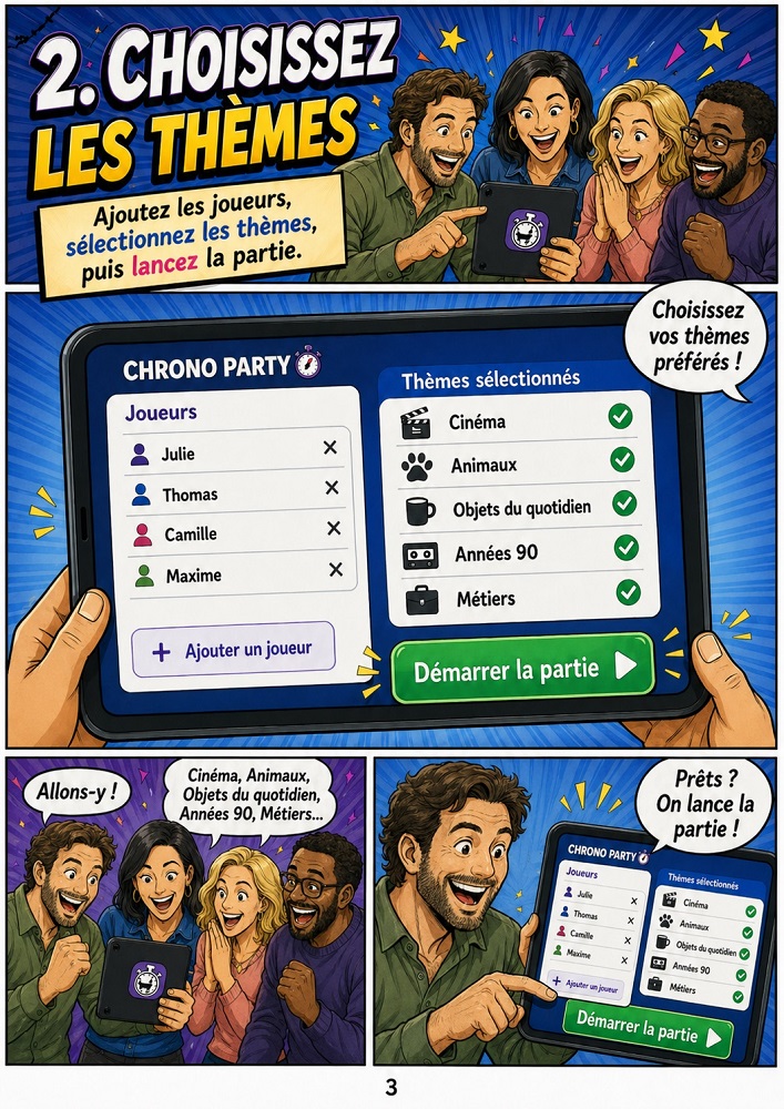 Guide BD Chrono Party - choisir les thèmes avant de lancer la partie