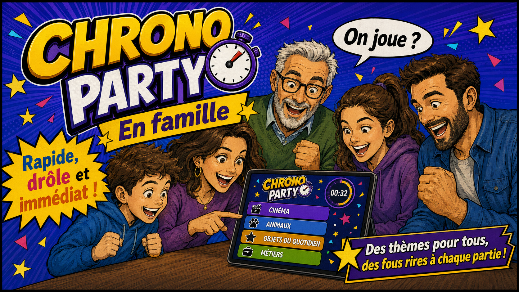 Chrono Party, jeu d’ambiance famille simple et drôle